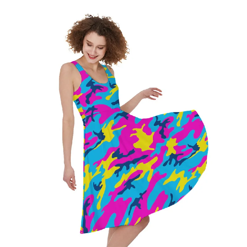Neon Camouflage Print Sleeveless Knee Length Dress Tunics Stylish elegant