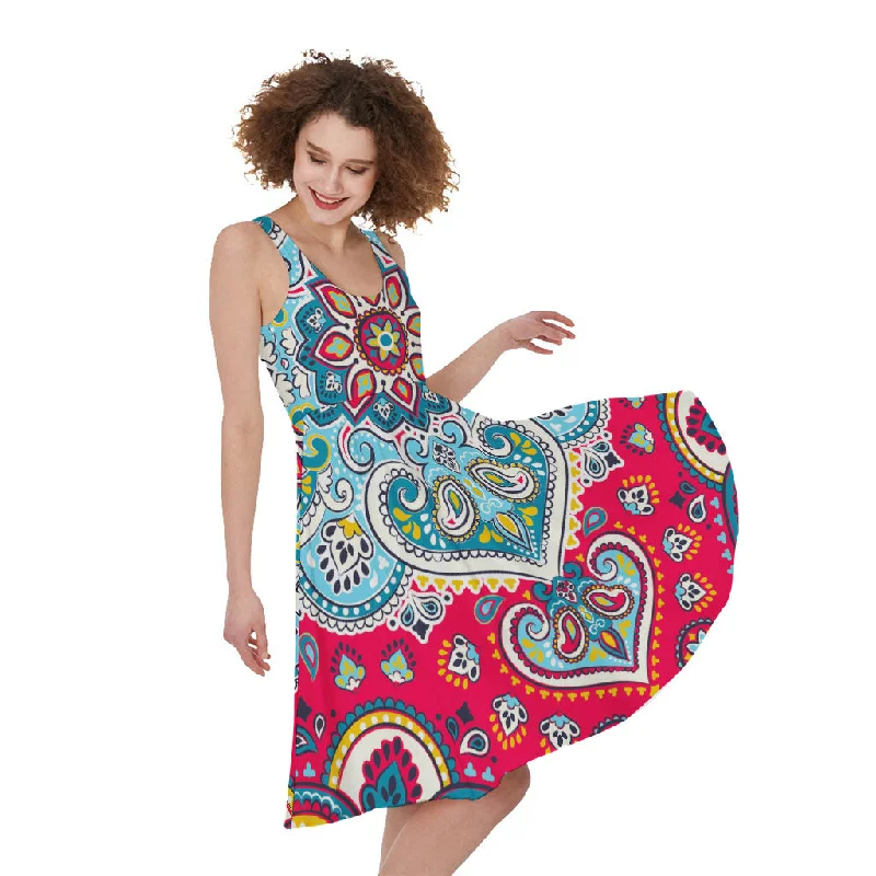 Floral Paisley Mandala Print Sleeveless Knee Length Dress Tunics Sophisticated sleek