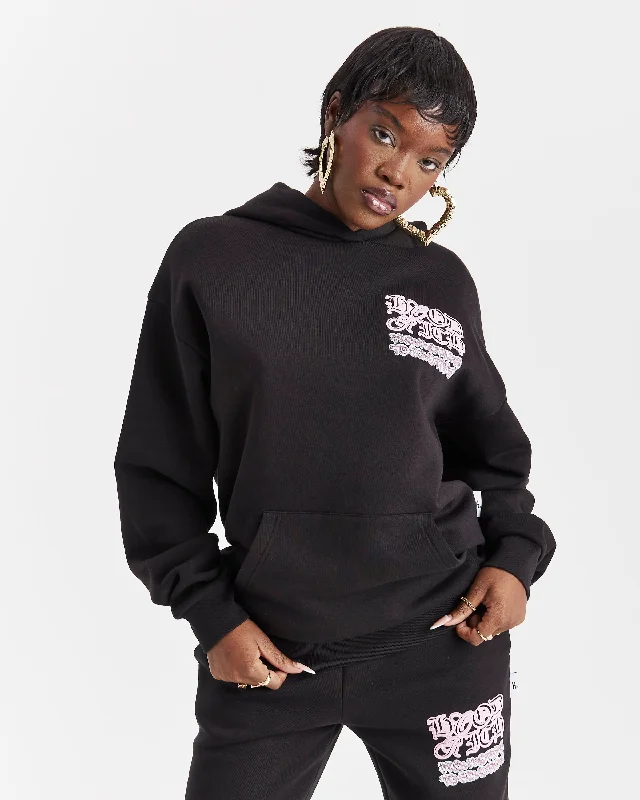 Jewel Oversized Hoodie - Black/Pink Hoodie with Front Slit Layering Stylish