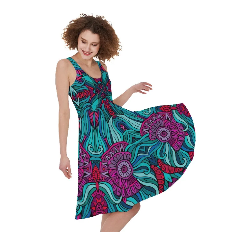 Ethnic Teal Bohemian Pattern Print Sleeveless Knee Length Dress Square Neckline Feminine Ethnic Teal Bohemian Pattern Print Sleeveless Knee Length Dress Square Neckline Feminine