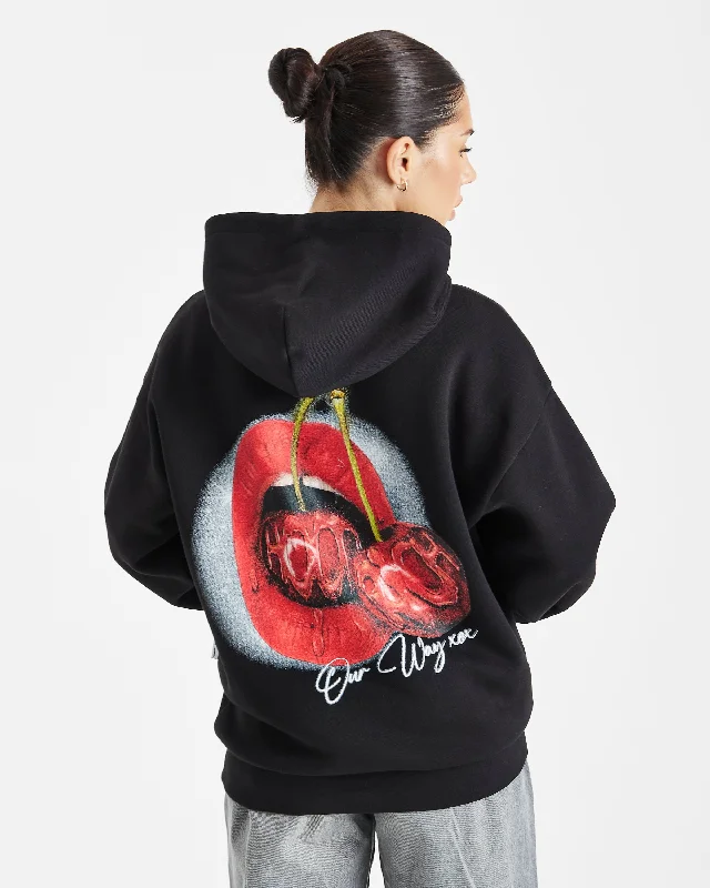 Cherries Oversized Hoodie - Black/White/Red Hoodie with Oversized Fit Loose Comfortable Cherries Oversized Hoodie - Black/White/Red Hoodie with Oversized Fit Loose Comfortable