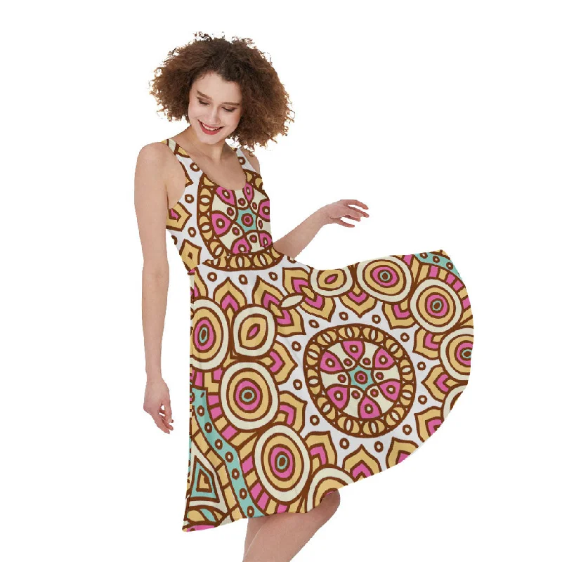 Pastel Ethnic Mandala Print Sleeveless Knee Length Dress Cowl Neckline Elegant