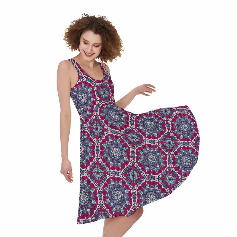Magenta Mandala Bohemian Pattern Print Sleeveless Knee Length Dress Boat Neckline Classic Magenta Mandala Bohemian Pattern Print Sleeveless Knee Length Dress Boat Neckline Classic