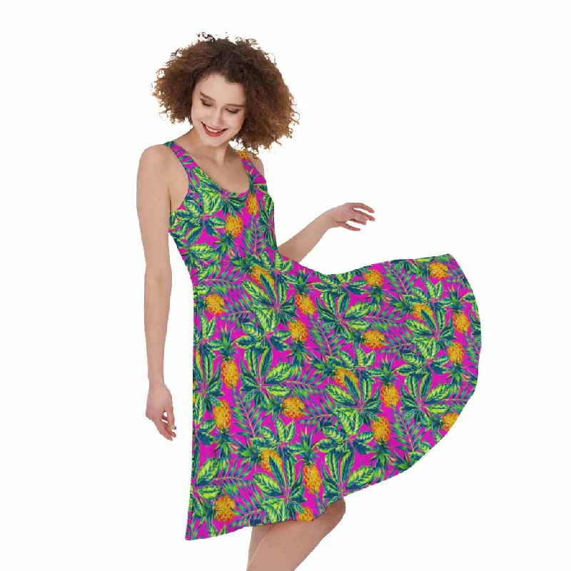 Hot Purple Pineapple Pattern Print Sleeveless Knee Length Dress Tunics Distressed trendy