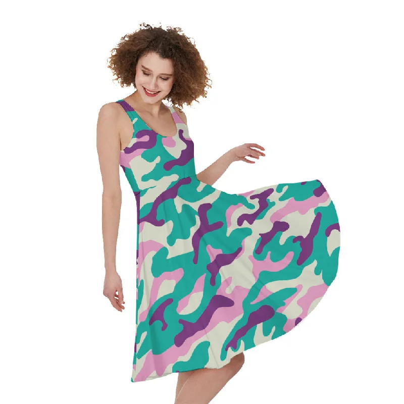 Pastel Teal And Purple Camouflage Print Sleeveless Knee Length Dress Elegant Long Evening Pastel Teal And Purple Camouflage Print Sleeveless Knee Length Dress Elegant Long Evening