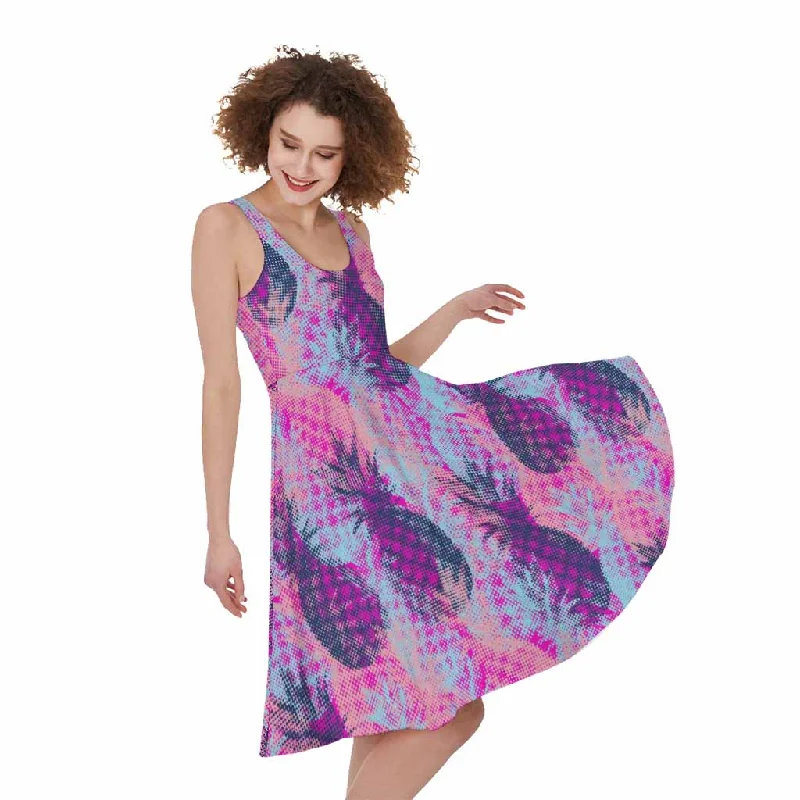 Neon Trippy Pineapple Pattern Print Sleeveless Knee Length Dress Tunics Spring floral Neon Trippy Pineapple Pattern Print Sleeveless Knee Length Dress Tunics Spring floral