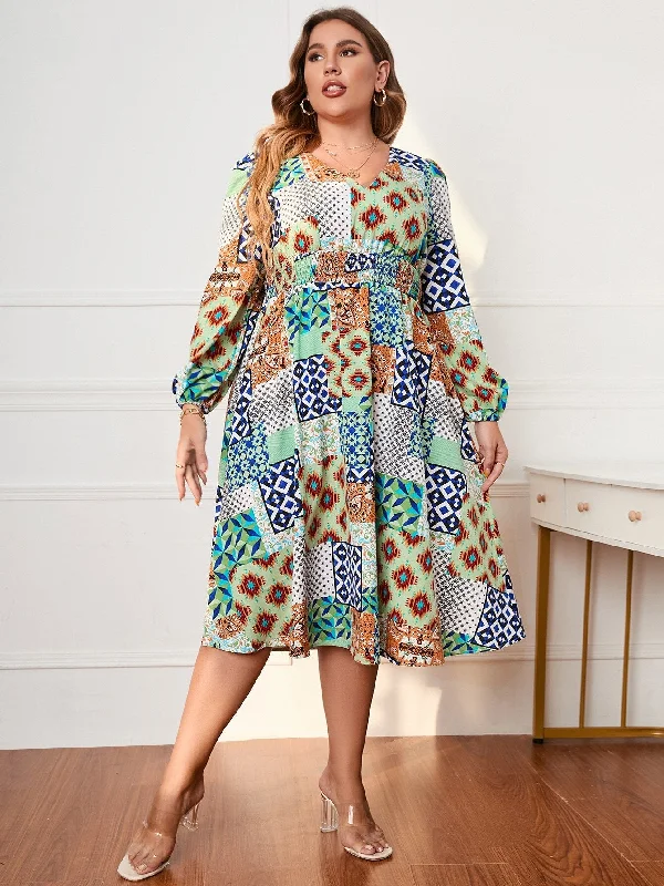 BerriesJam - 2024 Patchwork Long Sleeve Plus Size V Neck Party Dress Tunics Bridal satin