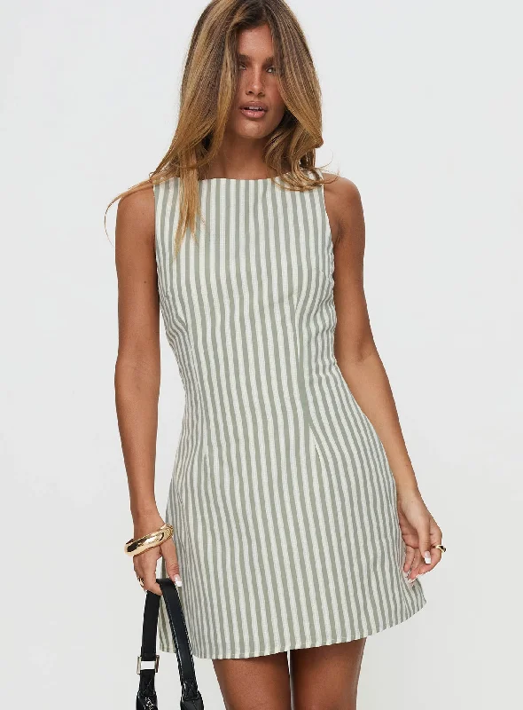 Alfalfa Shift Mini Dress Green Stripe Fashionable Button-Front Mini Dress