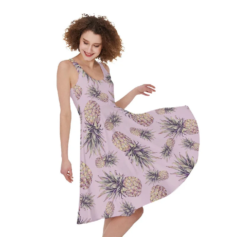 Pink Vintage Pineapple Pattern Print Sleeveless Knee Length Dress Tunics Leisure comfortable Pink Vintage Pineapple Pattern Print Sleeveless Knee Length Dress Tunics Leisure comfortable