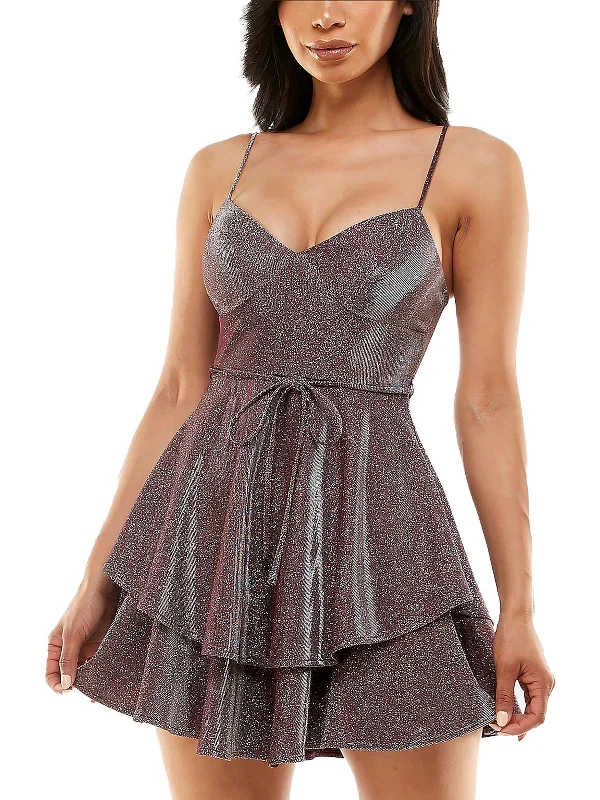 Juniors Womens Tiered Mini Cocktail and Party Dress Crew Neckline Casual