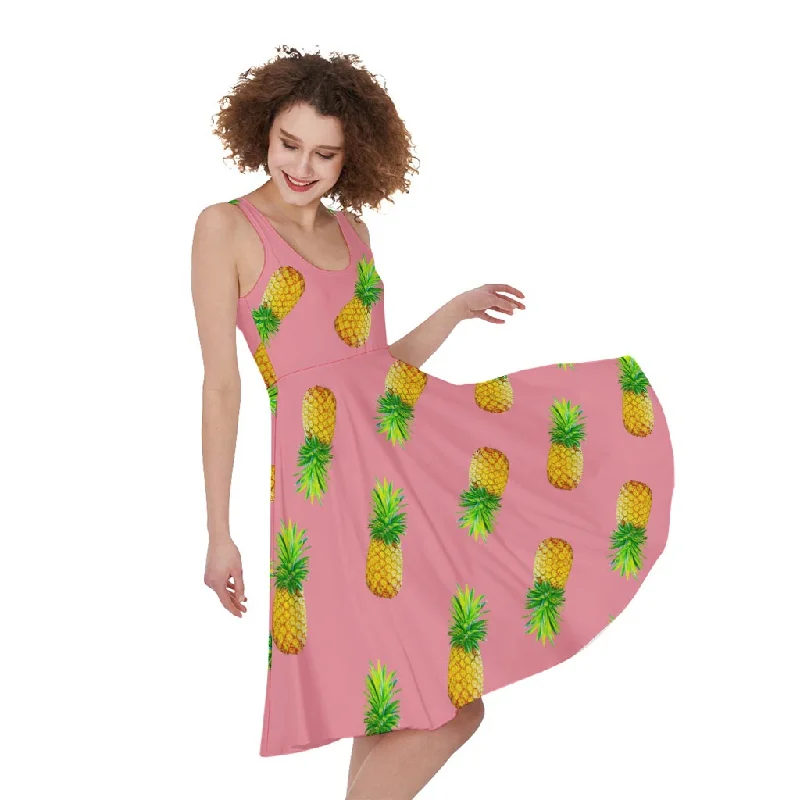 Pink Pineapple Pattern Print Sleeveless Knee Length Dress Tunics Winter warm