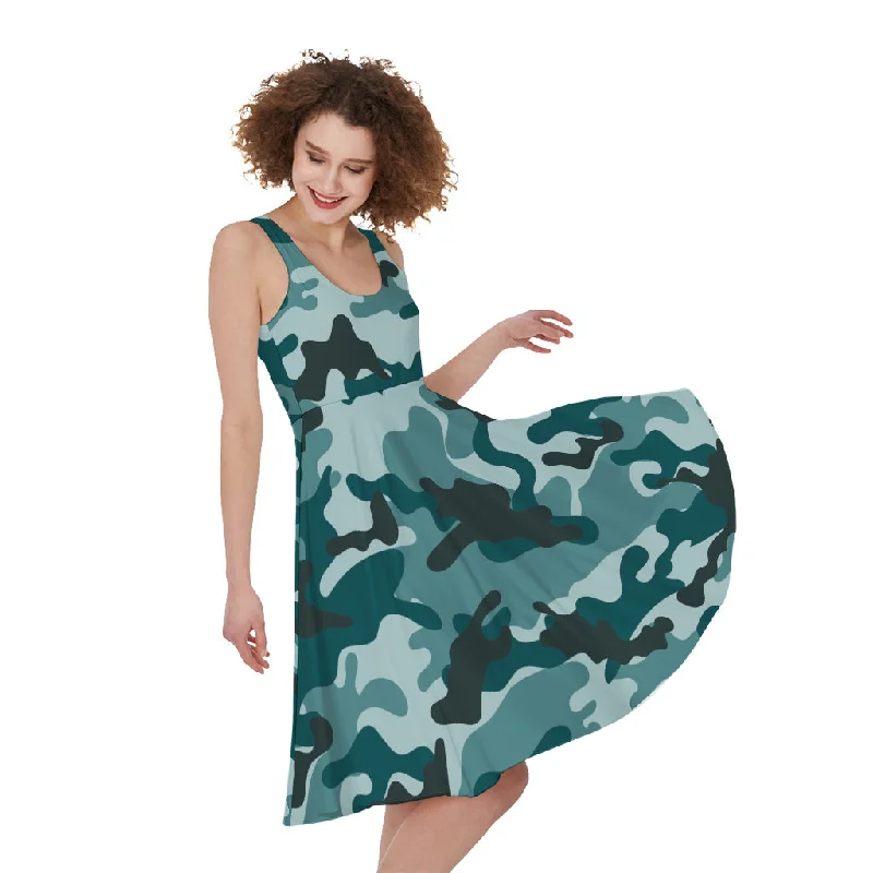 Forest Green Camouflage Print Sleeveless Knee Length Dress Tunics Stylish elegant