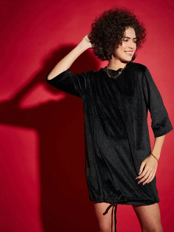 Lyush Women Black Velour Tie Hem Mini Dress Elegant Sequin Mini Dress