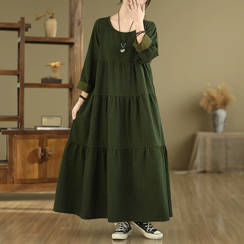 Women Autumn Retro Cotton Denim Solid Color Plus Size Casual Dress Tunics Brand named