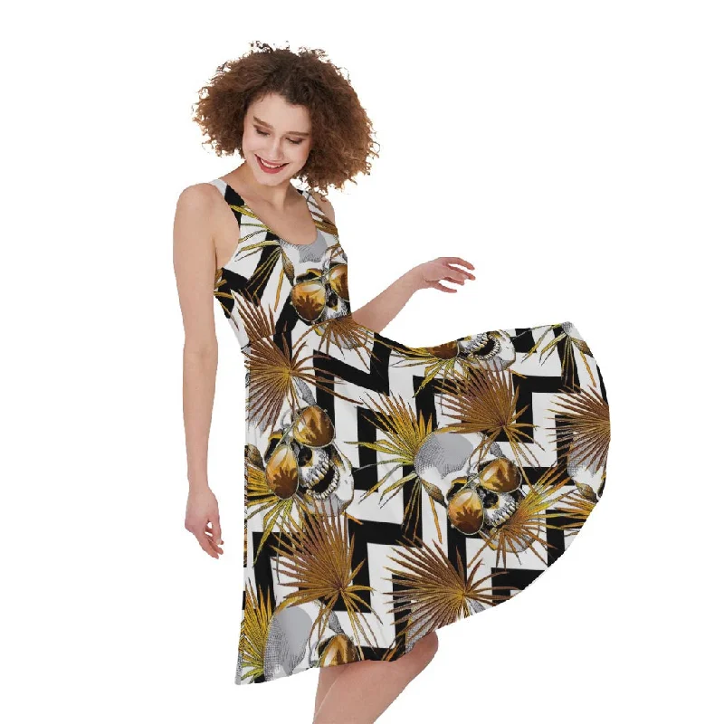 Gold Tropical Skull Pattern Print Sleeveless Knee Length Dress Tunics Timeless classic Gold Tropical Skull Pattern Print Sleeveless Knee Length Dress Tunics Timeless classic