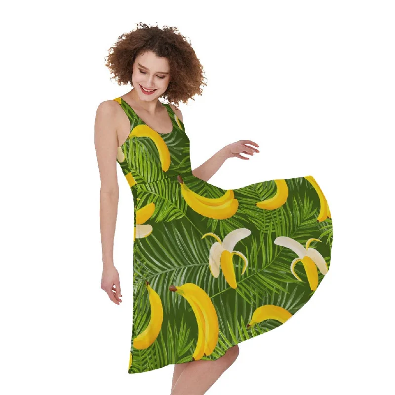 Green Tropical Banana Pattern Print Sleeveless Knee Length Dress Tunics Canvas sturdy Green Tropical Banana Pattern Print Sleeveless Knee Length Dress Tunics Canvas sturdy
