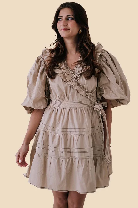 Sofie the Label Tabitha Contrast Stitch Wrap Mini Dress (Cream) Comfortable Wrap Mini Dress