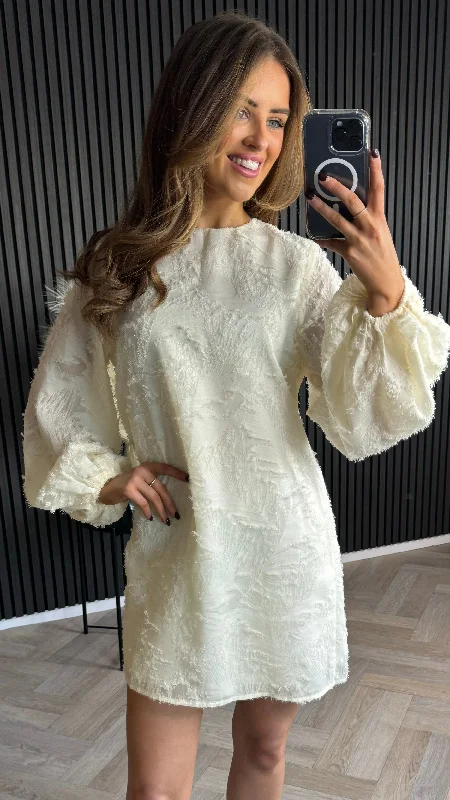 Shona Beige Textured Puff Sleeve Mini Dress Fashionable Pleated Mini Dress