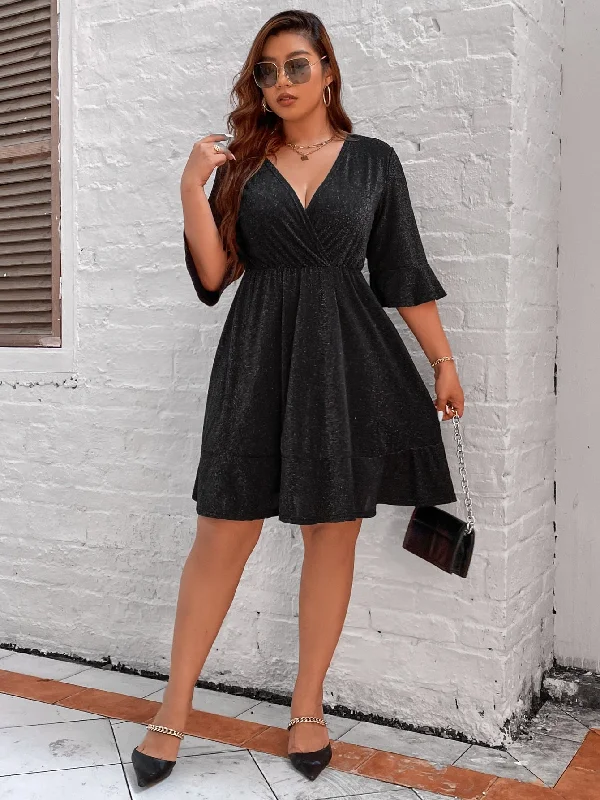 BerriesJam - Ruffles Half Sleeve V Neck Solid Elegant Evening Party Dress Tunics Vintage classic BerriesJam - Ruffles Half Sleeve V Neck Solid Elegant Evening Party Dress Tunics Vintage classic
