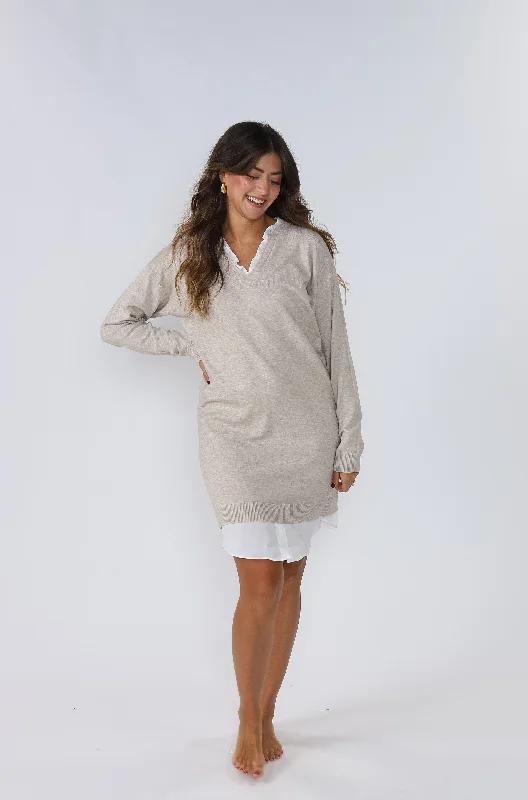 PINCH Dori Oatmeal Knit Woven Combo Long Sleeve Mini Dress Trendy Bodycon Mini Dress