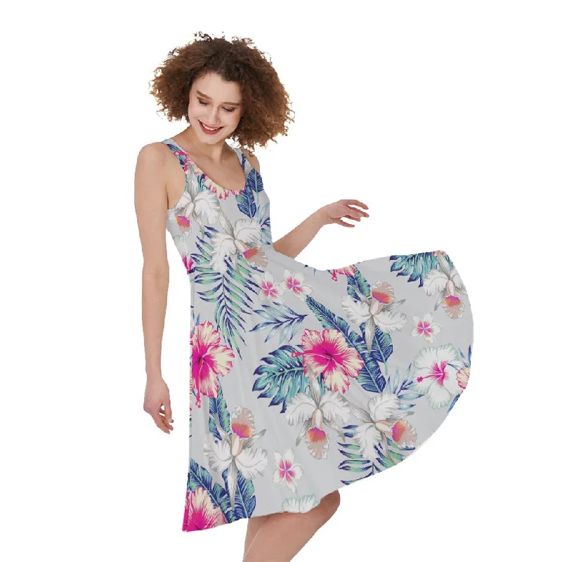 Hibiscus Orchids Hawaii Pattern Print Sleeveless Knee Length Dress Tunics Occasion special Hibiscus Orchids Hawaii Pattern Print Sleeveless Knee Length Dress Tunics Occasion special