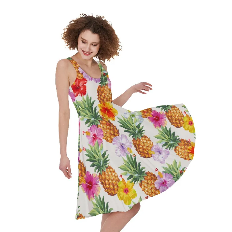 Hawaii Hibiscus Pineapple Pattern Print Sleeveless Knee Length Dress Tunics Chic elegant Hawaii Hibiscus Pineapple Pattern Print Sleeveless Knee Length Dress Tunics Chic elegant