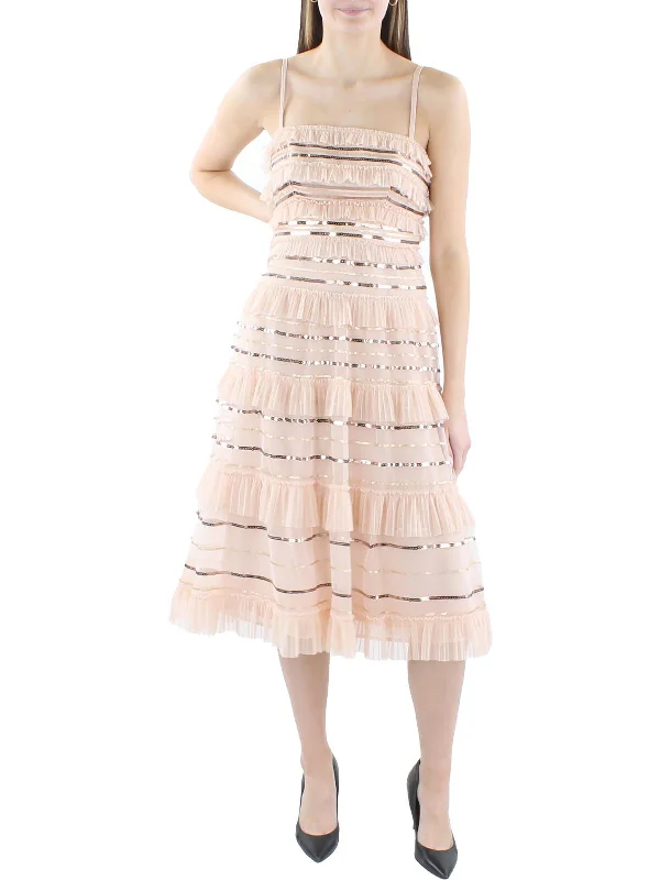 Womens Metallic Tiered Cocktail And Party Dress Square Neckline Feminine
