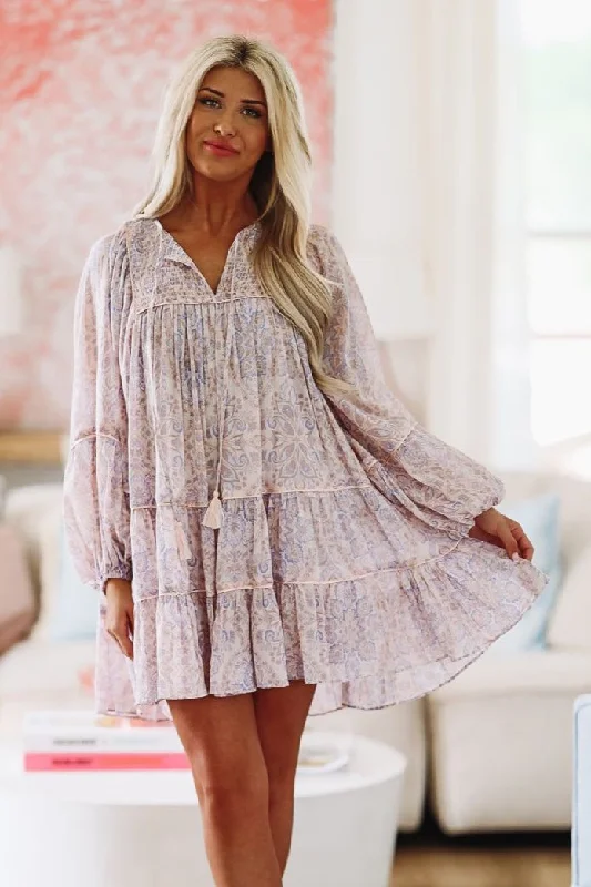 Bloom Time Mini Dress - Blush Pink and Light Blue Casual High-Waist Mini Dress