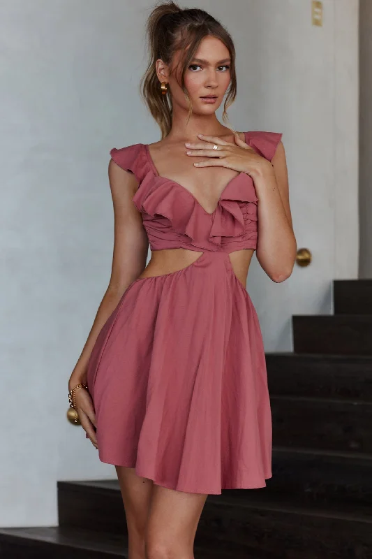Revel Ruffle Trim Cut-Out Waist Dress Berry Tunics Vintage classic