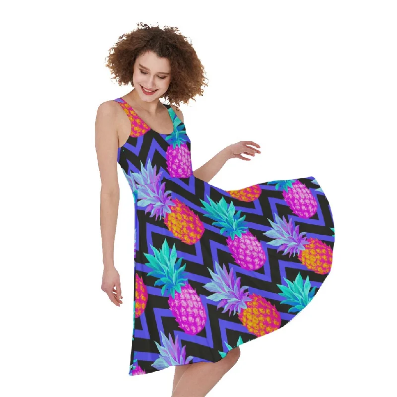 Neon EDM Zig Zag Pineapple Pattern Print Sleeveless Knee Length Dress Tunics Timeless classic Neon EDM Zig Zag Pineapple Pattern Print Sleeveless Knee Length Dress Tunics Timeless classic