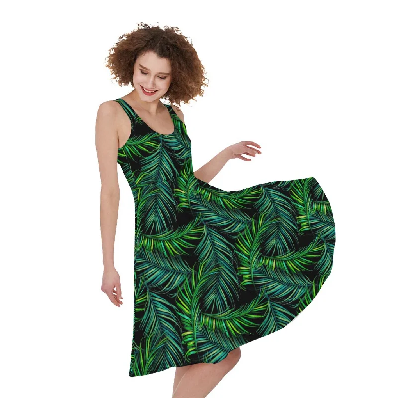 Night Tropical Palm Leaves Pattern Print Sleeveless Knee Length Dress Tunics Office stylish Night Tropical Palm Leaves Pattern Print Sleeveless Knee Length Dress Tunics Office stylish