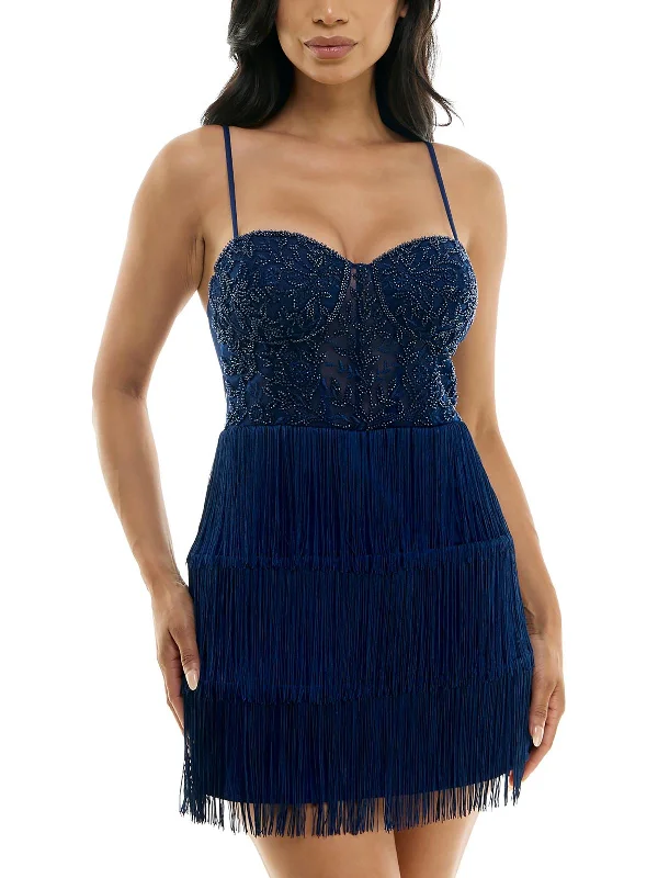 Juniors Womens Fringe Mesh Cocktail and Party Dress A-Line Day Work