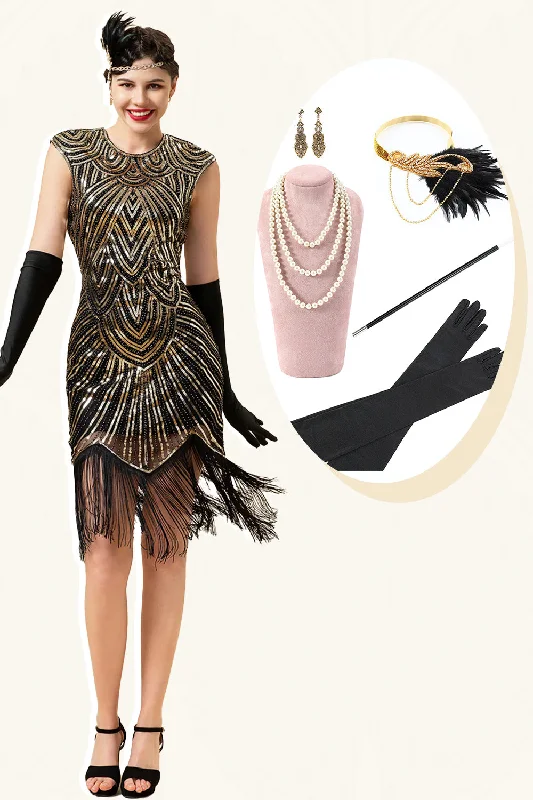 Black and Golden Cap Sleeves Sequined Fringes 1920s Gatsby Flapper Party Dress with 20s Accessories Set Tunics New arrival Black and Golden Cap Sleeves Sequined Fringes 1920s Gatsby Flapper Party Dress with 20s Accessories Set Tunics New arrival