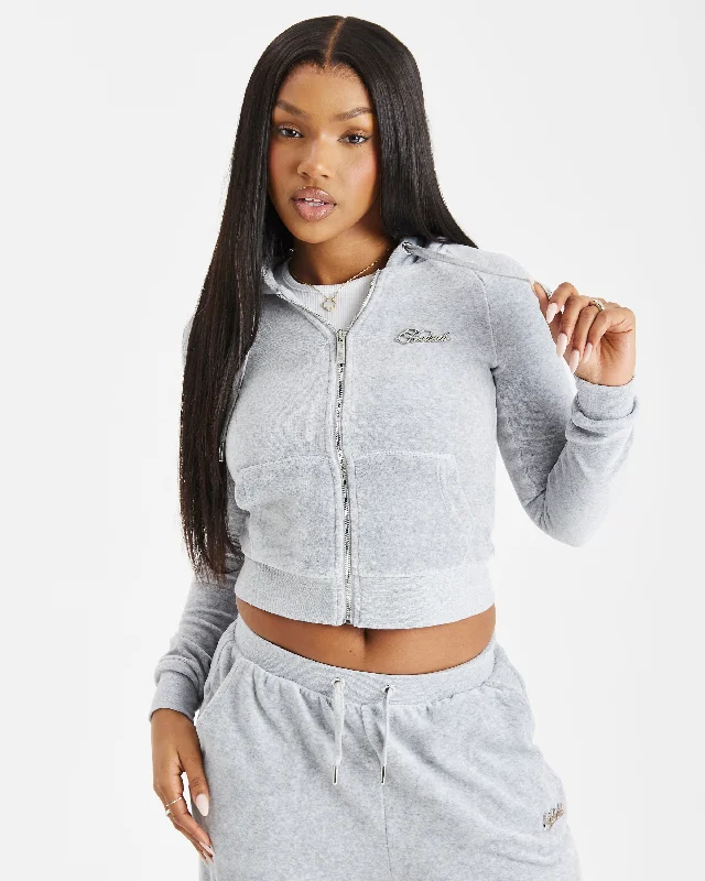 Figure Velour Zip Hoodie - Grey/Silver/Rhinestone Hoodie with Zipper Placket Modern Functional