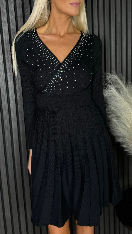 Emily Black Embellished Detail Knit Pleated Mini Dress Trendy A-Line Mini Dress