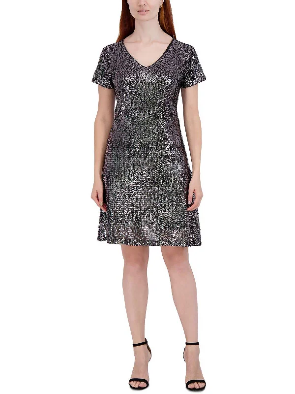 Petites Womens Sequined Knee Cocktail and Party Dress Tunics Distressed trendy