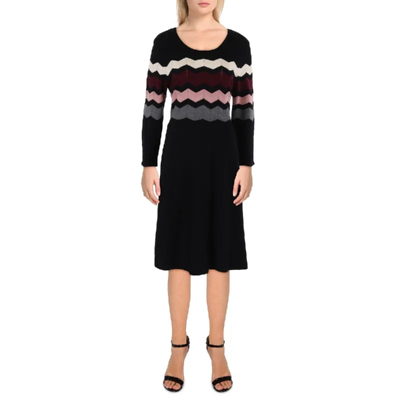 Womens Scalloped Stripe Fit & Flare Dress Tunics Trendy modern