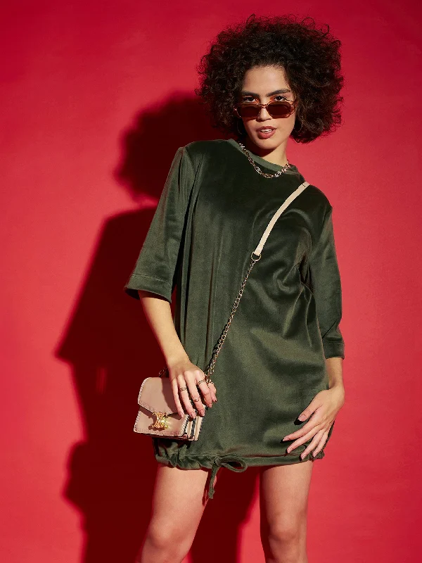 Lyush Women Olive Velour Tie Hem Mini Dress Comfortable Linen Mini Dress