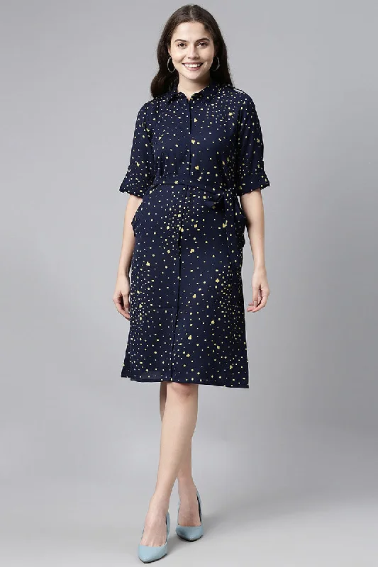 Women's Navy Blue Georgette Dot Printed Straight Mini Dress - Rasiya Cozy A-Line Mini Dress Women's Navy Blue Georgette Dot Printed Straight Mini Dress - Rasiya Cozy A-Line Mini Dress