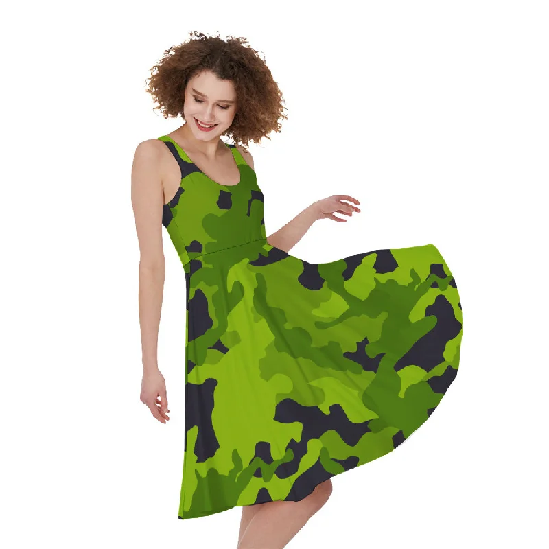 Lime Green Camouflage Print Sleeveless Knee Length Dress Tunics Solid Classic