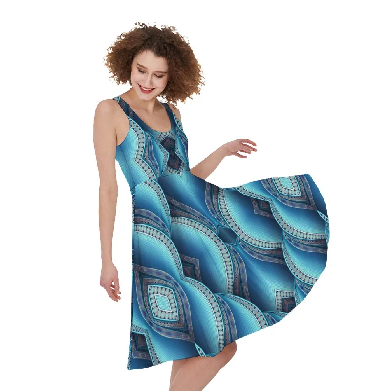Mandala Waves Bohemian Pattern Print Sleeveless Knee Length Dress Casual Short Summer Mandala Waves Bohemian Pattern Print Sleeveless Knee Length Dress Casual Short Summer