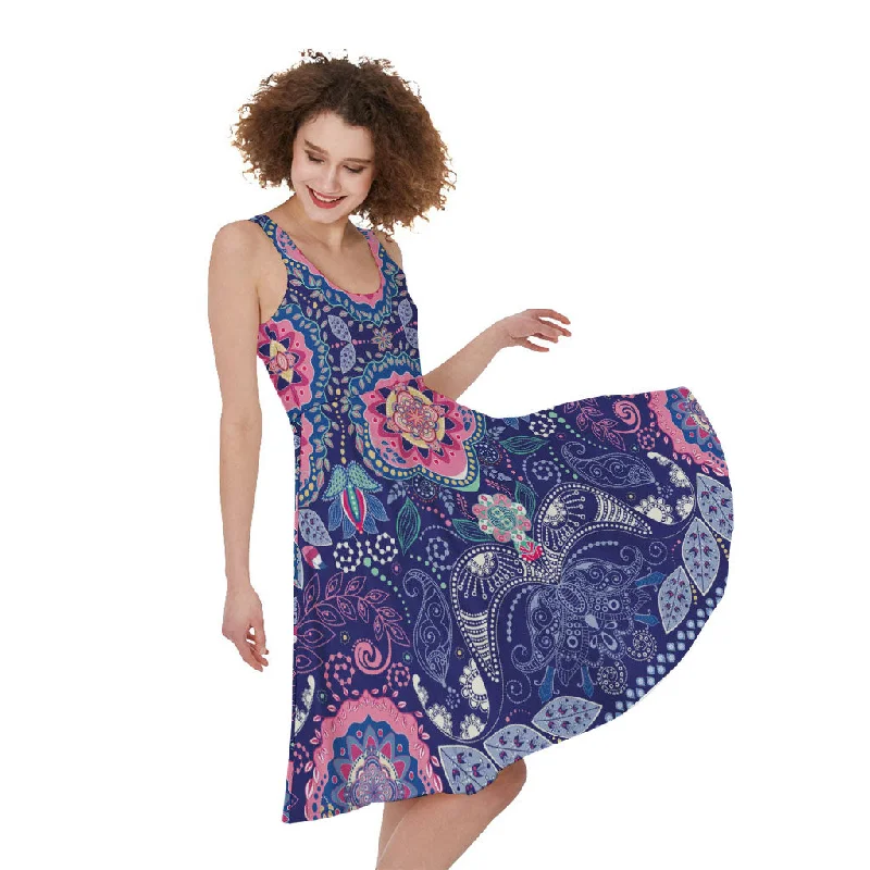 Ornamental Paisley Mandala Print Sleeveless Knee Length Dress Tunics Satin smooth