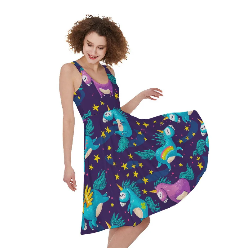 Night Star Unicorn Pattern Print Sleeveless Knee Length Dress Tunics Ceremony elegant Night Star Unicorn Pattern Print Sleeveless Knee Length Dress Tunics Ceremony elegant