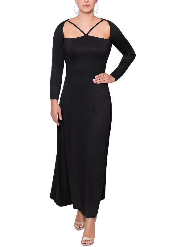 Womens Strappy Neck Long Cocktail and Party Dress Tunics Bridal satin