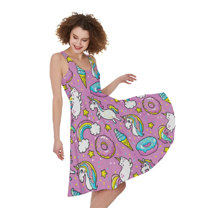 Pink Girly Unicorn Donut Pattern Print Sleeveless Knee Length Dress Tunics Versatile stylish