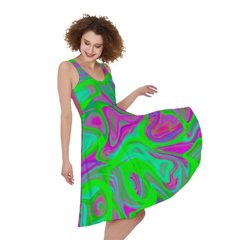 Neon Green Pink Psychedelic Trippy Print Sleeveless Knee Length Dress Tunics Essential wardrobe Neon Green Pink Psychedelic Trippy Print Sleeveless Knee Length Dress Tunics Essential wardrobe