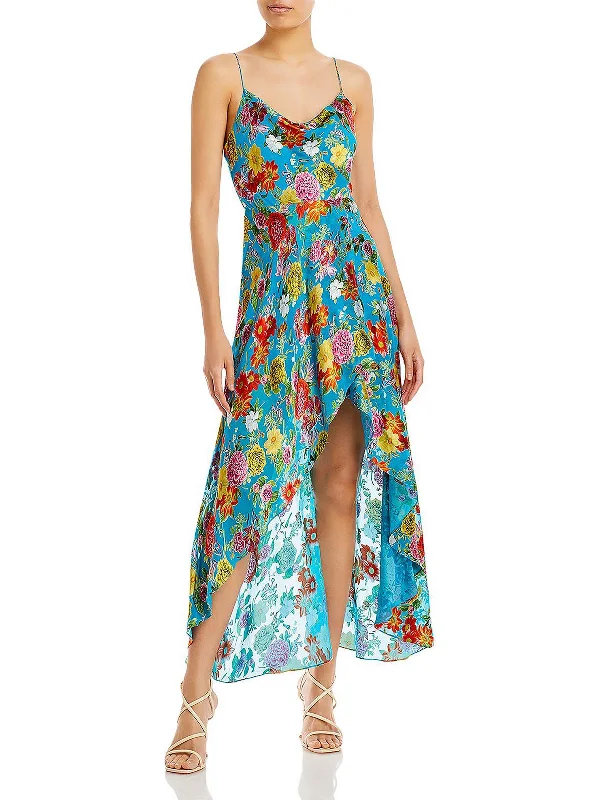 Womens Silk Hi-Low Evening Dress Cowl Neckline Elegant