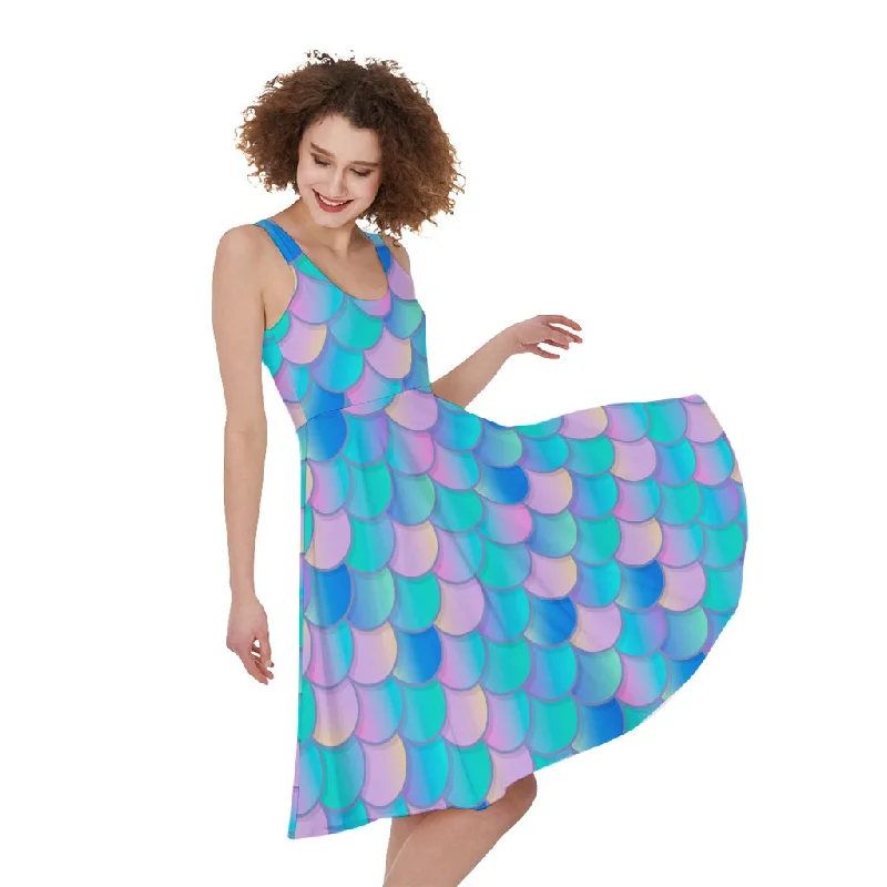 Pink Teal Mermaid Scales Pattern Print Sleeveless Knee Length Dress Tunics Hiking breathable Pink Teal Mermaid Scales Pattern Print Sleeveless Knee Length Dress Tunics Hiking breathable