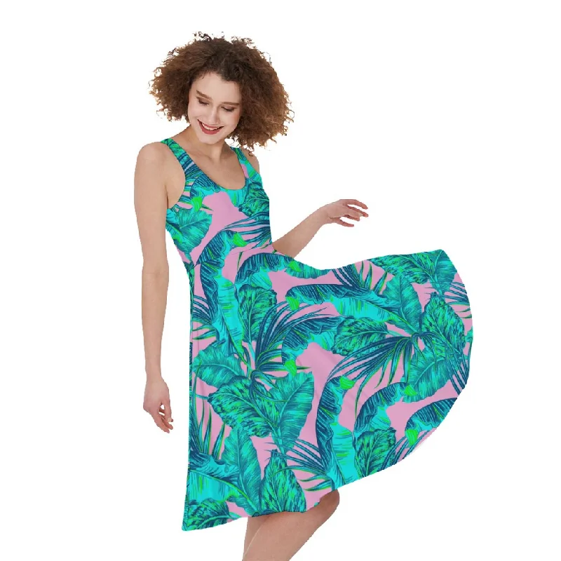 Pink Teal Tropical Leaf Pattern Print Sleeveless Knee Length Dress Tunics Running lightweight Pink Teal Tropical Leaf Pattern Print Sleeveless Knee Length Dress Tunics Running lightweight