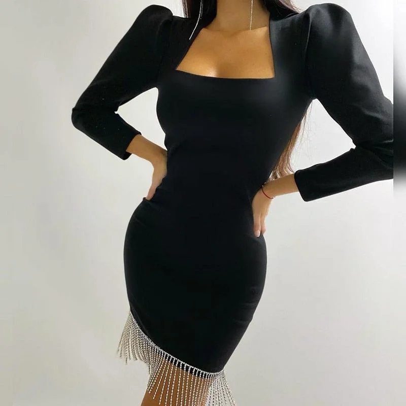 BerriesJam - 2024 Square Collar Long Sleeve Slim Tassel Party Dress Tunics Practical easy-care